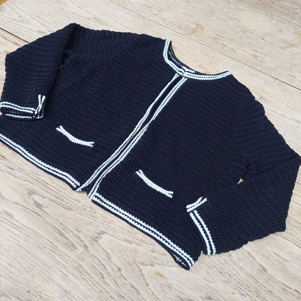 Charter Club loose weave dark navy blue white cotton feel cardigan sweater